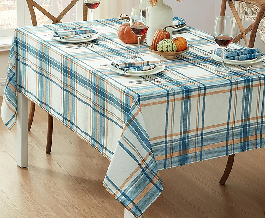 Newbridge Blue Pocono Rustic Plaid Fabric Tablecloth, Cottage Farmhouse Easy Care Stain Repellent Tablecloth, 60 in x 102 in Oblong/Rectangle, Blue