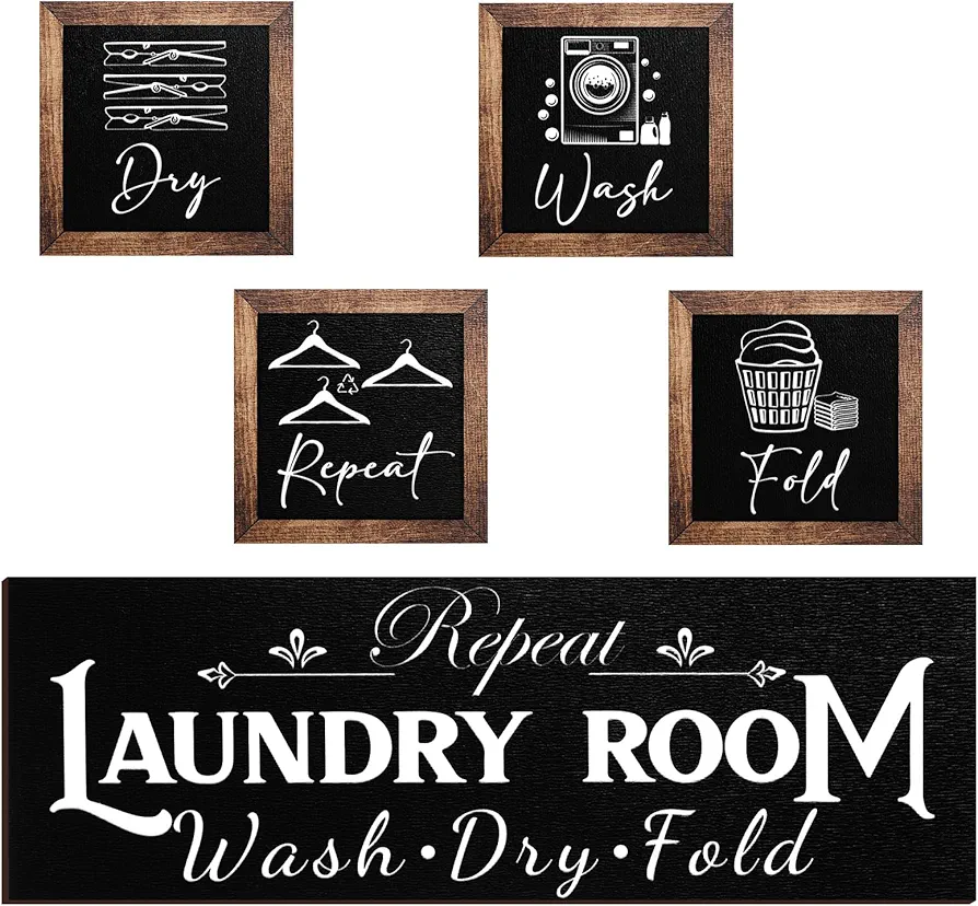 Set of 5 Laundry Room Decor Farmhouse Laundry Room Wooden Sign Wash Fold Dry Repeat Signs Rustic Laundry Wall Art Prints Laundry Room Sign Decor for Home, Unframed (Black)