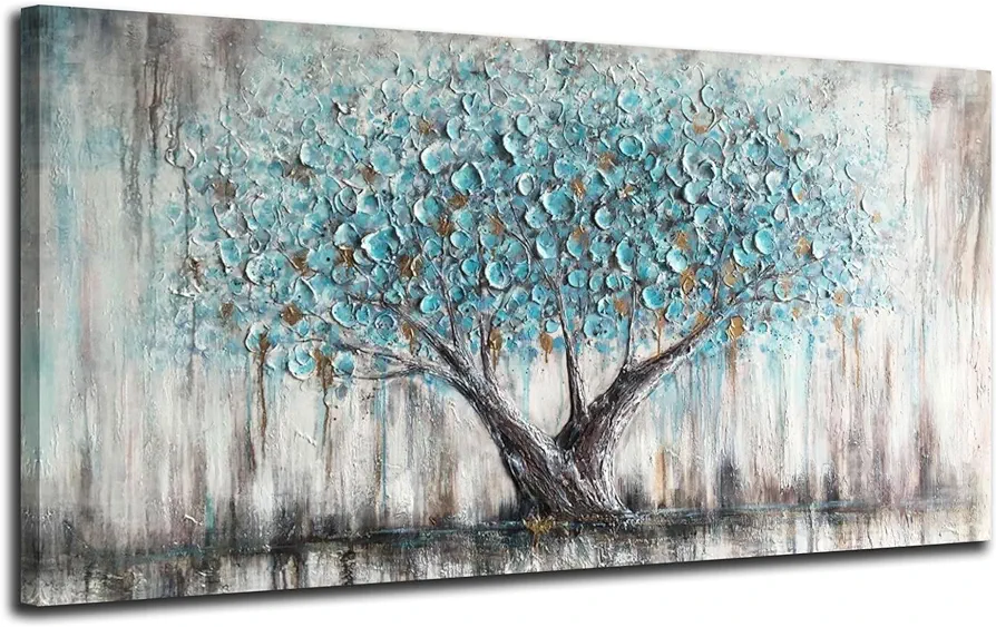 Arjun Tree Wall Art Teal Blue Nature Tree of Life Abstract Canvas Painting Textured Picture, Modern Large Panoramic Landscape Artwork Framed for Living Room Bedroom Bathroom Office Home Decor 40"x20"