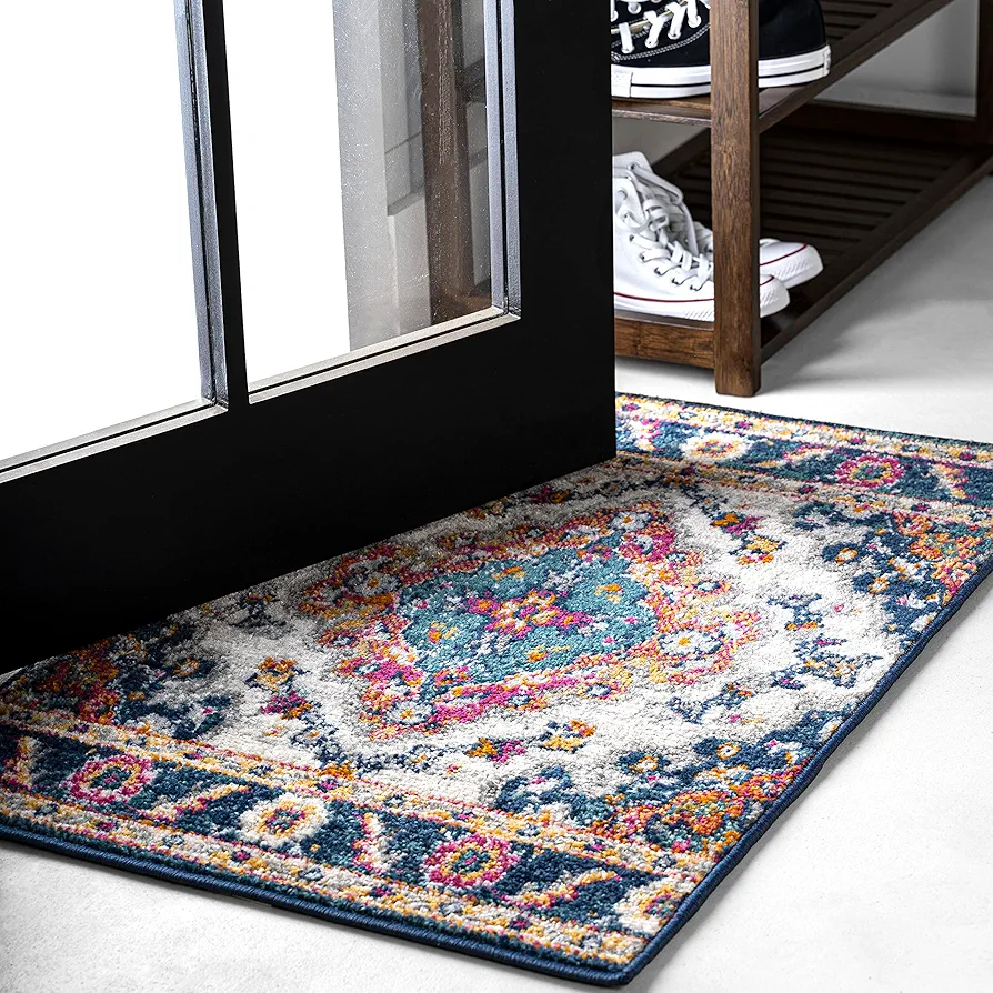 JONATHAN Y BMF106A-23 Bohemian Flair Boho Vintage Medallion Indoor Area -rug, Medallion Floral, Easy -cleaning, Bedroom, Dining Room, Kitchen, Living Room, Non Shedding, Blue/Multi, 2 X 3