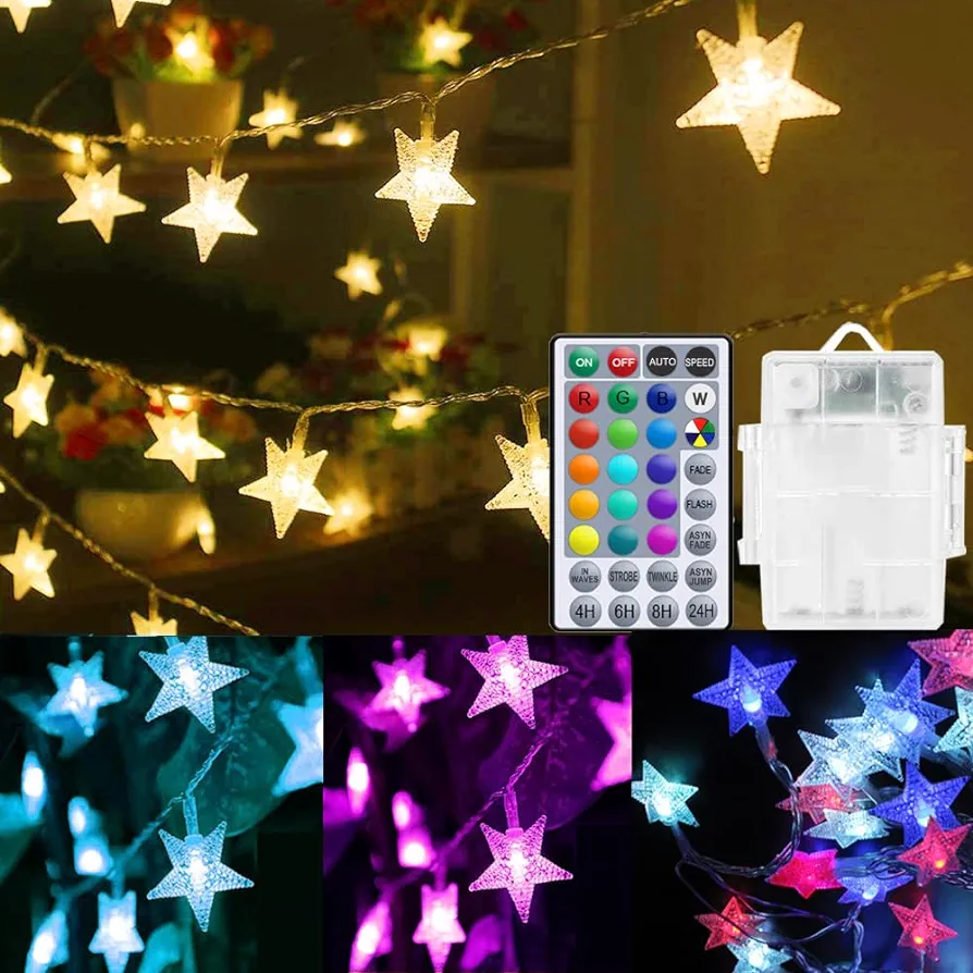 Star String Lights Battery Operated Color Changing 20ft, 40 LEDs Hanging Twinkle Lights for Outdoor Indoor, Bedroom Bunk Bed Lights with Remote for Kids Room