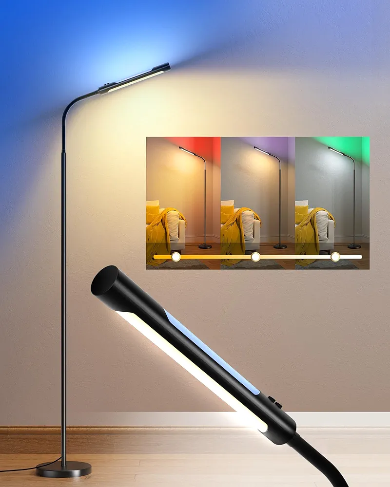 【Upgrade】SUPERDANNY Double Side LED Floor Lamp, RGB & Dimmable Bright Task Light with 6500K-3000K-4000K Color Temps, Adjustable Gooseneck, Standing Office Lamp for Reading, Living Room, Bedroom, Home