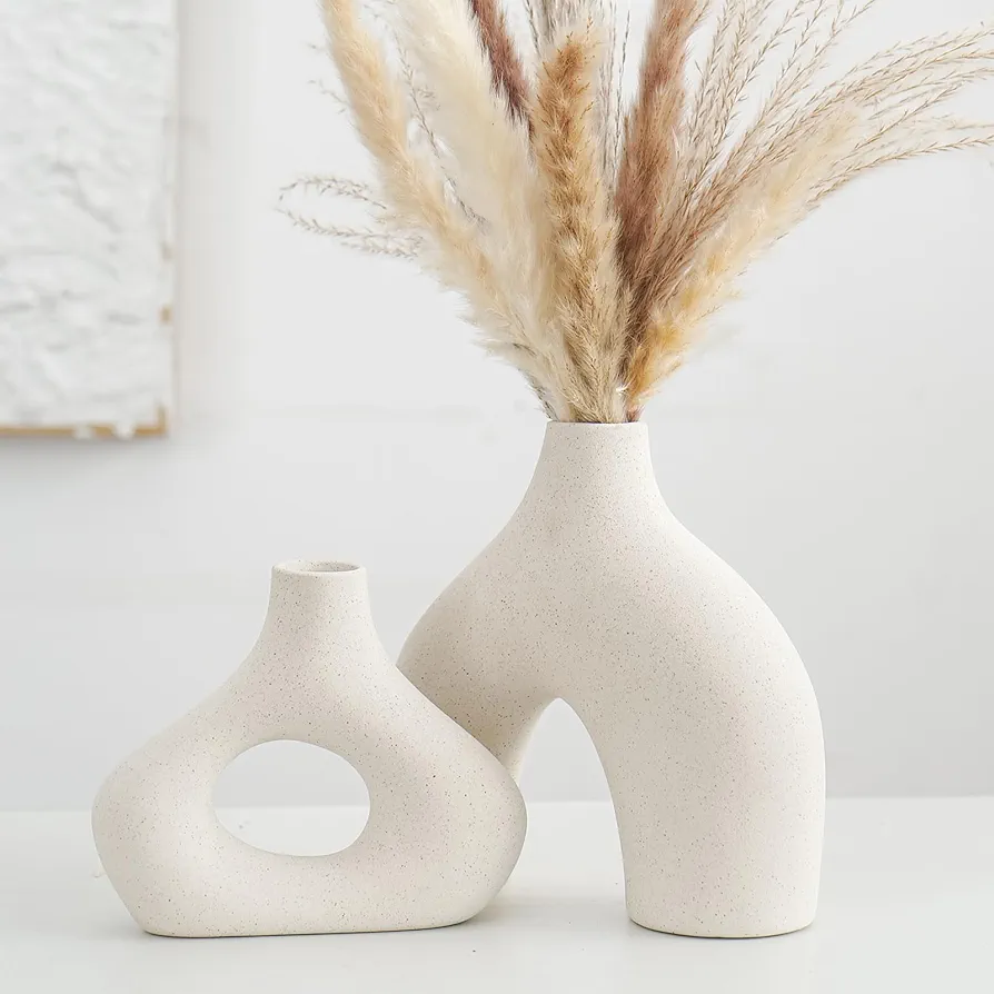 CEMABT Beige Ceramic Vase Set of 2 for Modern Minimalist Bohemian Decor，Round Matte Donut Vases for Pampas Grass-Perfect for Living Room, Dining Table, Office Bedroom Shelf Decor Entryway, Console…