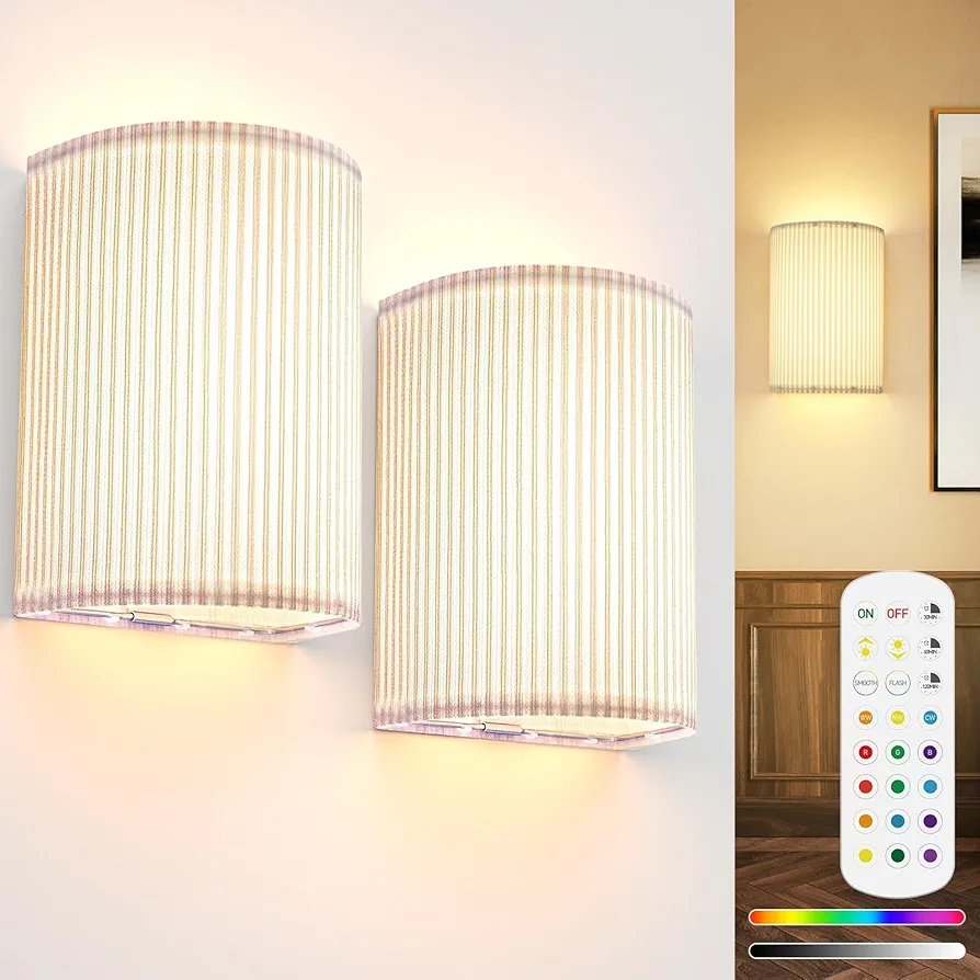 Battery Operated Wall Sconces Set of 2, 5000mAh Rechargeable RGB Wall Lamp with Remote, 3 Colors 10 Levels Brightness Wireless Sconces Wall Decor Set of 2 with Timer for Bedroom Living Room…