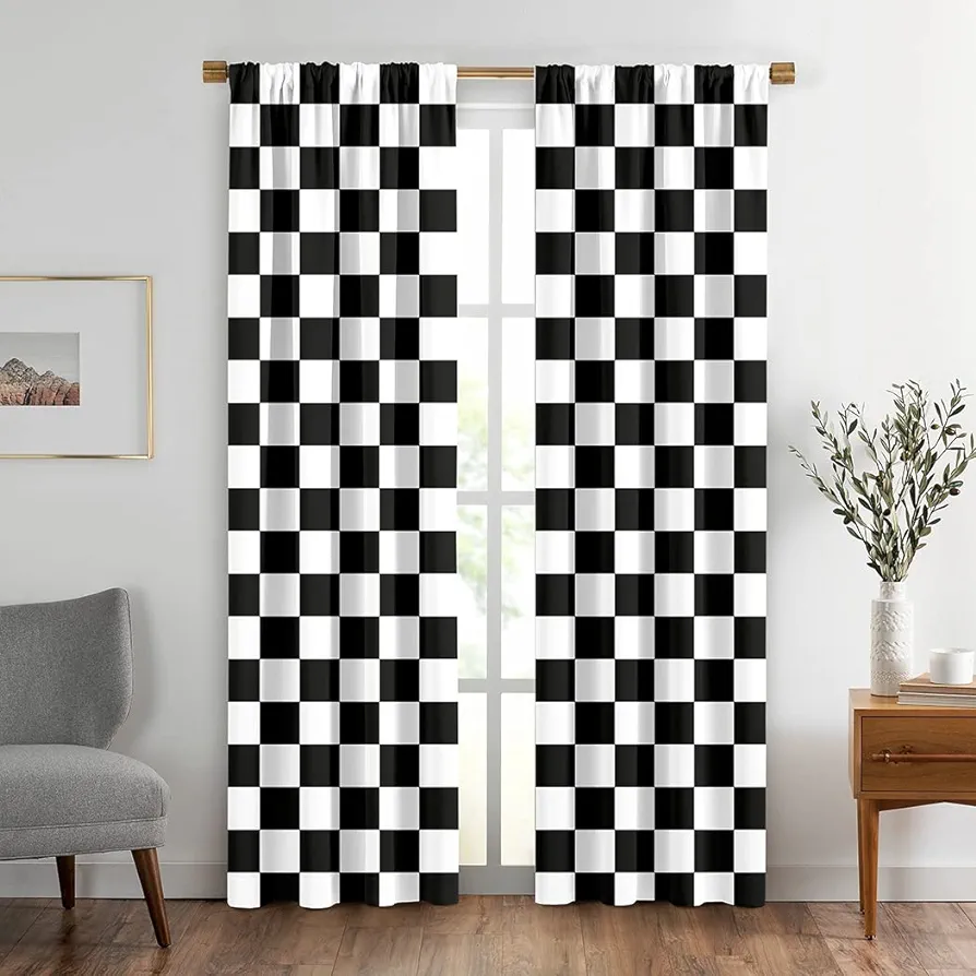 Black and White Window Drapes Curtain Checkered Flag Racing Race Car Line Rod Pocket Drapes Curtain for Living Room Home Decor 21x63 Inches 2 Panels