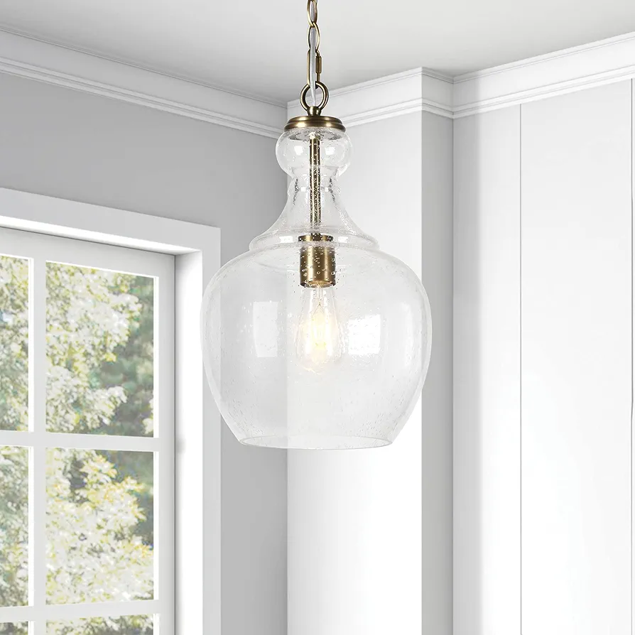 Henn&Hart 11" Wide Pendant with Glass Shade in Brass/Seeded, Pendant, Flush Mount Ceiling Light Fixture for Kitchen, Living Room