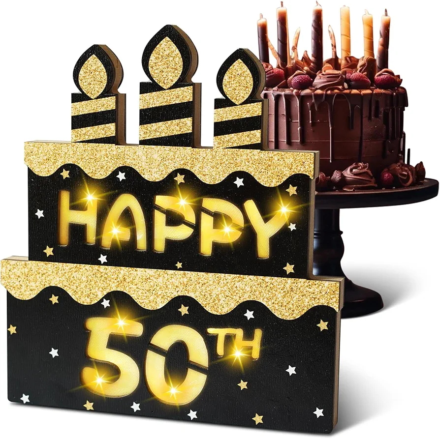 50th Birthday Lighted Decorations Wooden Block Sign for Men Women, Black Gold 50th Vintage Table Centerpiece Signage Decoration with LED Light, Fifty Happy Birthday Party Supplies Decor or Gift