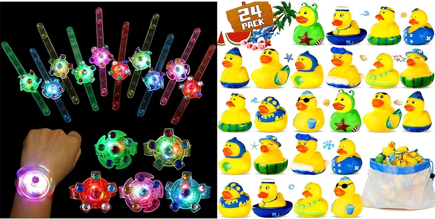 SCIONE 24pack LED Light Up Fidget Spinner Bracelets and 24PCS Summer Rubber Ducks Party Favors for Pool Beach Toys,Birthday Gifts Holiday Party Favors Classroom Prizes for Kids