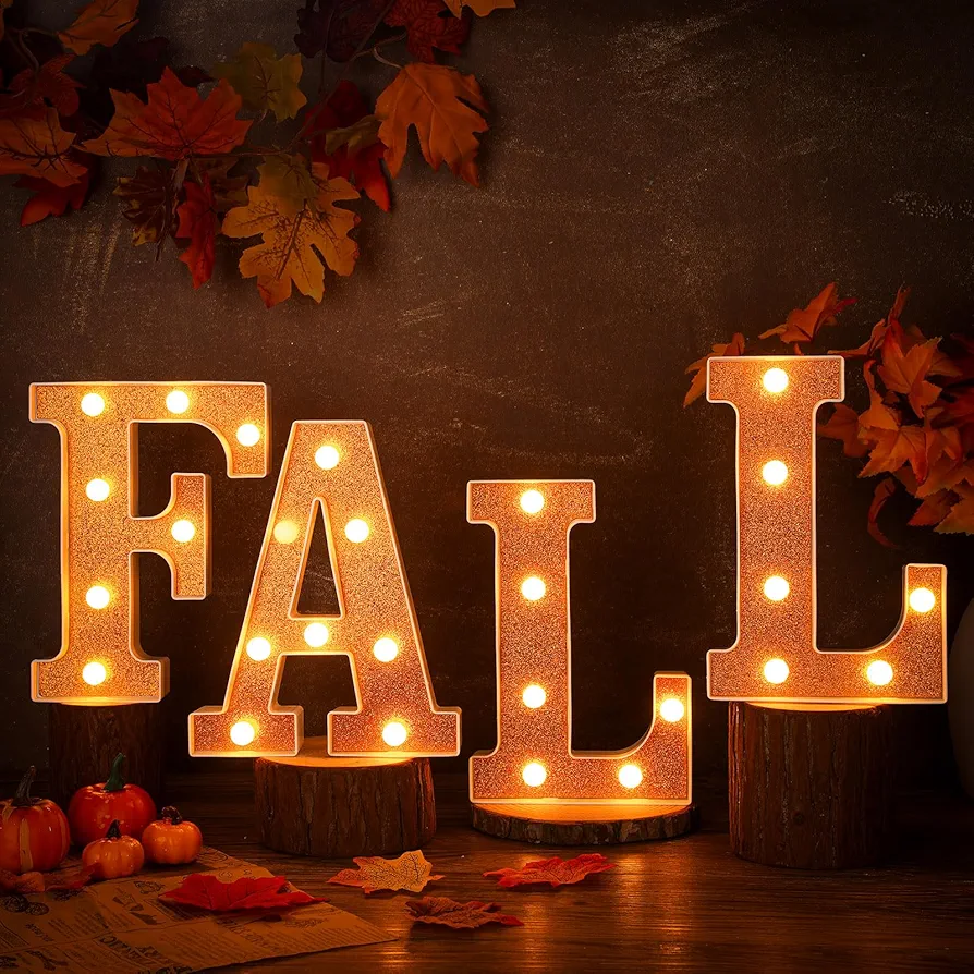 4 Pcs Thanksgiving Fall Decorations Glitter Orange Light Up Fall Sign Marquee LED Letters FALL Thanksgiving Lights Decor for Autumn Outdoor Home Room Kitchen Fireplace Tabletop Party Supplies