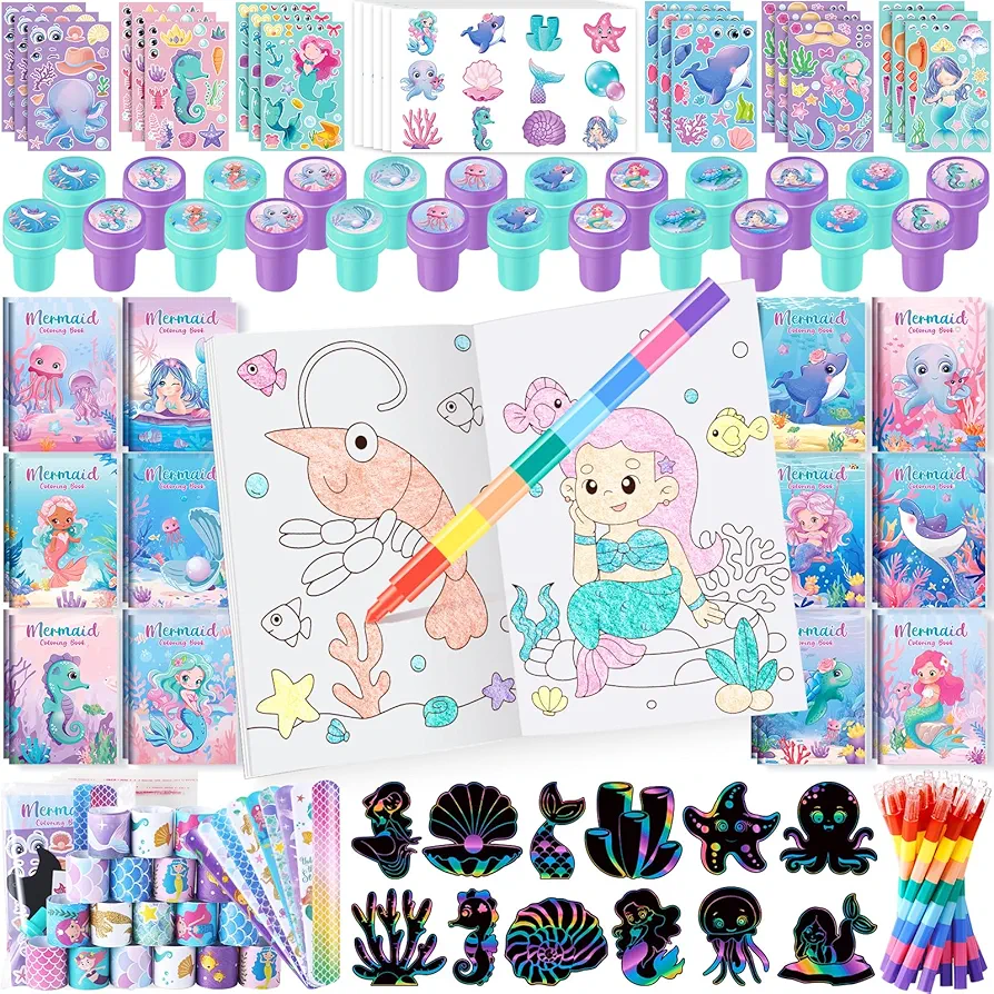 Ben Louis 192Pcs Mermaid Party Favors Little Mermaid Coloring Books Crayon Stickers Set Bulk for Kids Mermaid Birthday Decor Baby Shower Candy Goodie Bag Stuffer Classroom Rewards Pinata Supplies