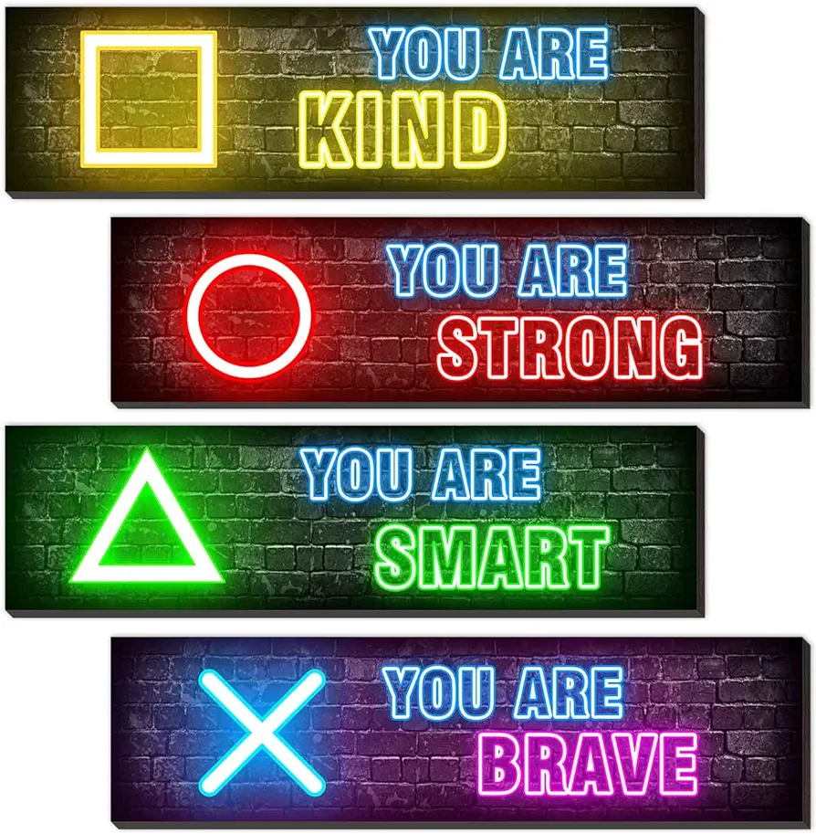 Neon Gaming Wall Decor Set of 4 - Boys Room Decorations for Bedroom, Neon Gaming Art Print Game Plaque Wall Art Decorations Perfect Teenager Gift for Kids Room Decoration（MC12）