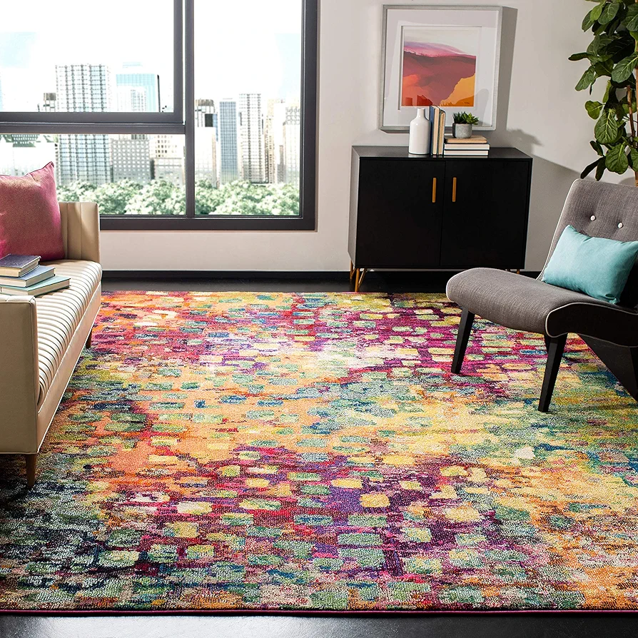 SAFAVIEH Monaco Collection Area Rug - 8' x 10', Pink & Multi, Boho Chic Abstract Watercolor Design, Non-Shedding & Easy Care, Ideal for High Traffic Areas in Living Room, Bedroom (MNC225D)