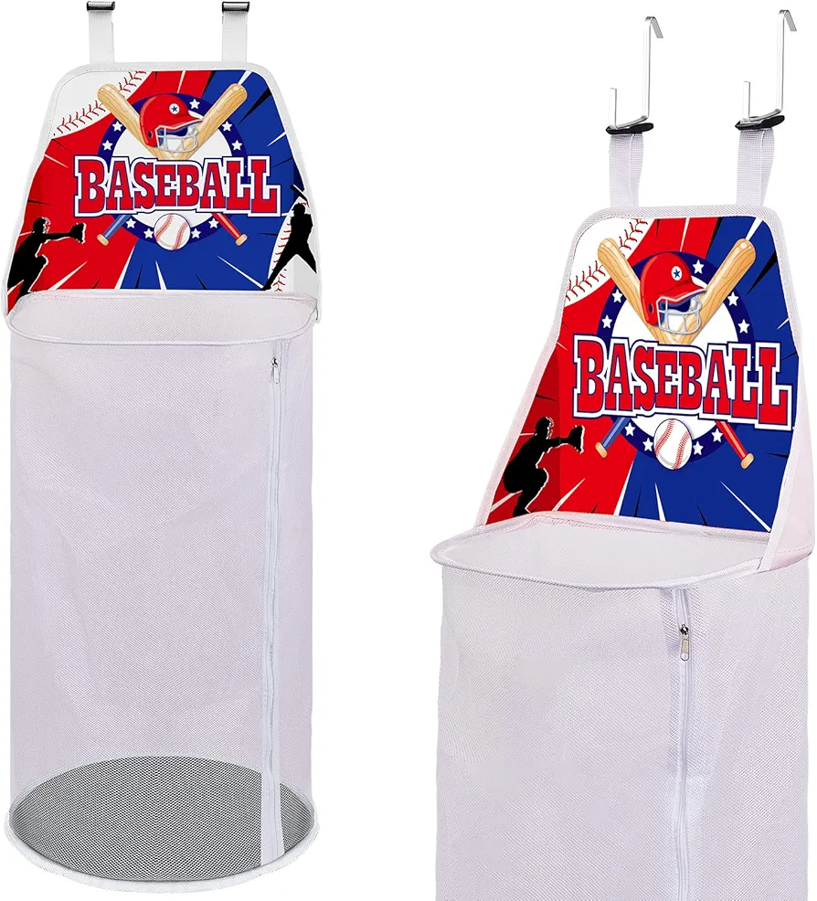 Baseball Laundry Hamper Over the Door Space Saving Hanging Mesh Laundry Baseball Hoop with Metal Hooks Laundry Hamper Basket For Kids Boys Girl Fun Birthday Gift Room Decor Collapsible