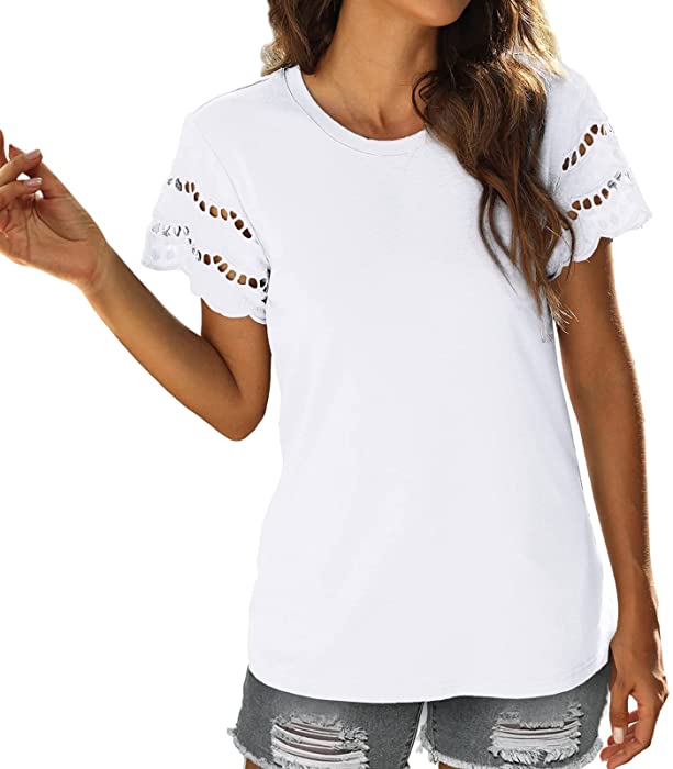 Womens Lace Blouse Short Sleeve T Shirts Summer Tops Casual Solid Hollow Out Casual Tee Shirt Comfy Tunic Tshirts