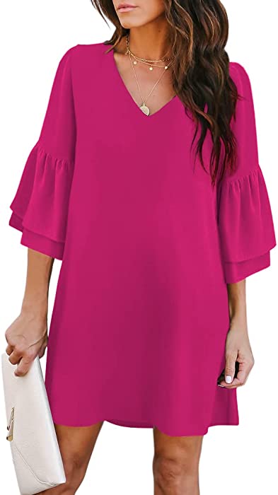 BELONGSCI Women's Dress Sweet & Cute V-Neck Bell Sleeve Shift Dress Mini Dress