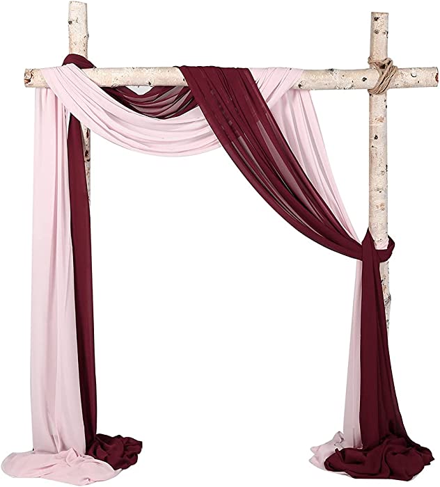 SHERWAY 2 Panels Chiffon Fabric Drapery Wedding Arch Drapes, Party Backdrop Curtain Panels, Ceremony Reception Swag Decoration (27 x 216 Inch, Burgundy & Pink)