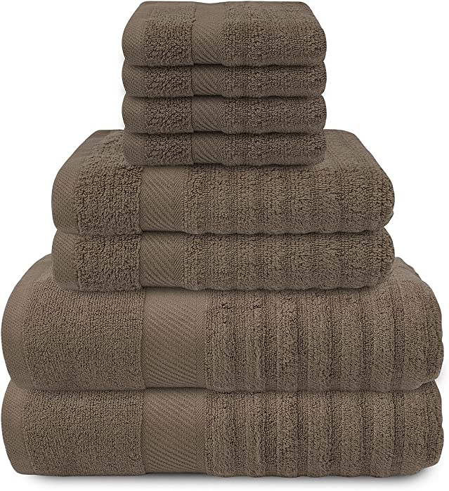 Texology Luxury Bath Towels Set of 8, Quick-Dry Textured, Includes 2 Bath Towels for Bathroom, 2 Hand Towels, 4 Washcloths, Super-Absorbent-Oeko-Tex Certified, Ideal for Home, Spa, Gym (Brown)