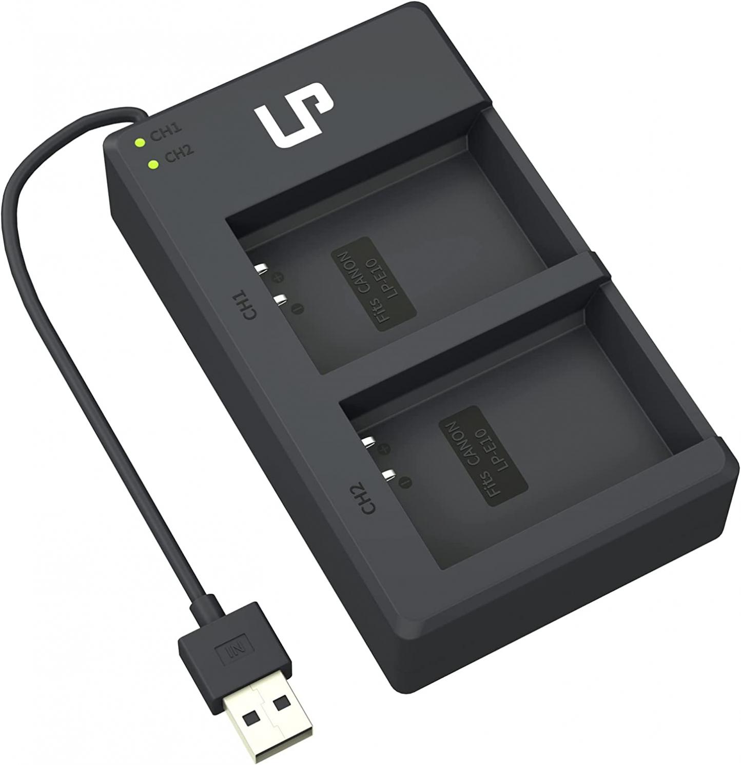 LP-E10 Battery Charger, LP Built-in Micro-USB Cable Dual Slot Charger, Compatible with Canon EOS Rebel T7, T6, T5, T3, T100, 4000D, 3000D, 2000D, 1500D, 1300D & More (Not for T3i T5i T6i T6s T7i)