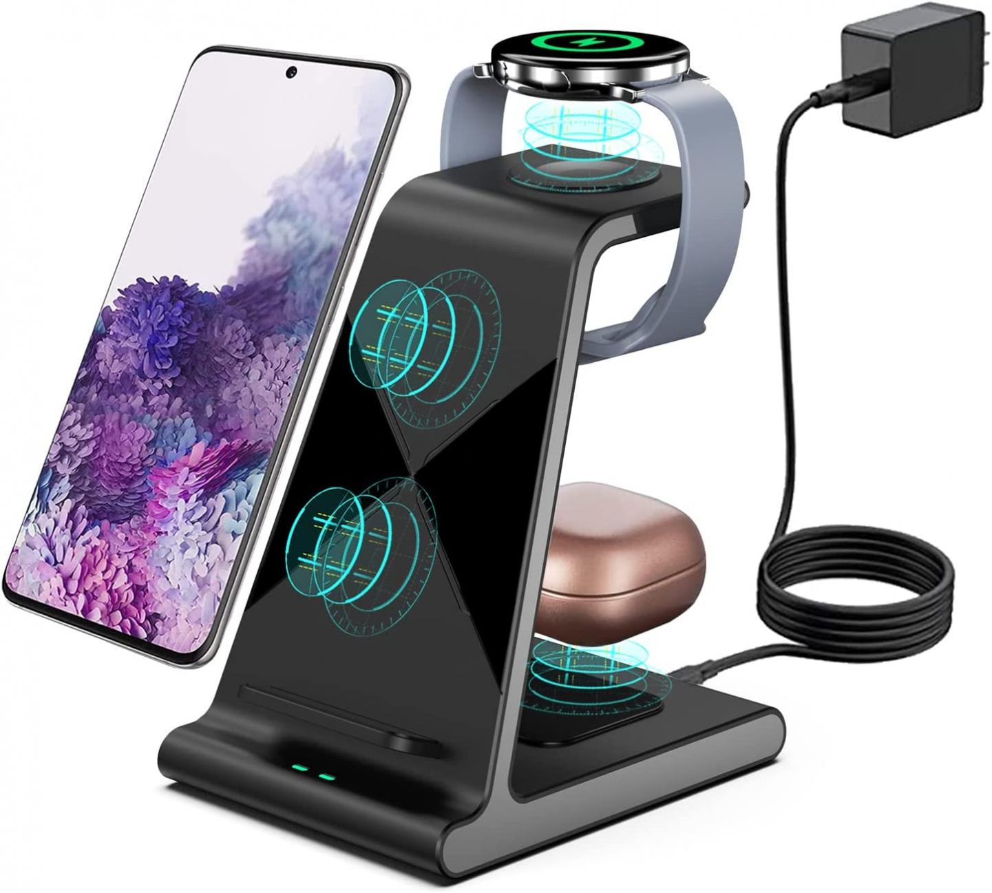 Aukvite Wireless Charger Samsung, 3 in 1 Wireless Charging Station for Galaxy S22 Ultra S22 Z Fold 4 Z Flip 4 S21, Samsung Watch Charger for Galaxy Watch 5 Pro 4 3 Gear S3, Galaxy Buds 2 Pro (Grey)