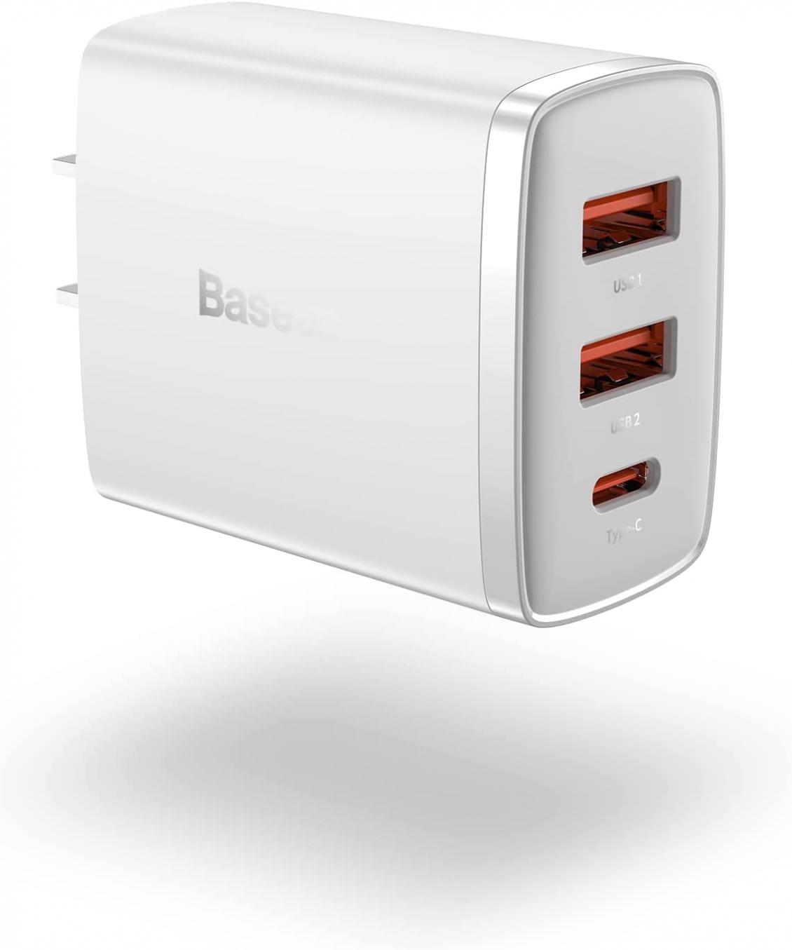 USB C Wall Charger, Baseus 30W 3-Port Charger Block, Fast Compact PD Charger for iPad Pro/Air/Mini, iPhone 13/13 Pro Max/12/SE/11/XR/XS, Samsung, AirPods, MagSafe, Apple Watch, Pixel, LG, White