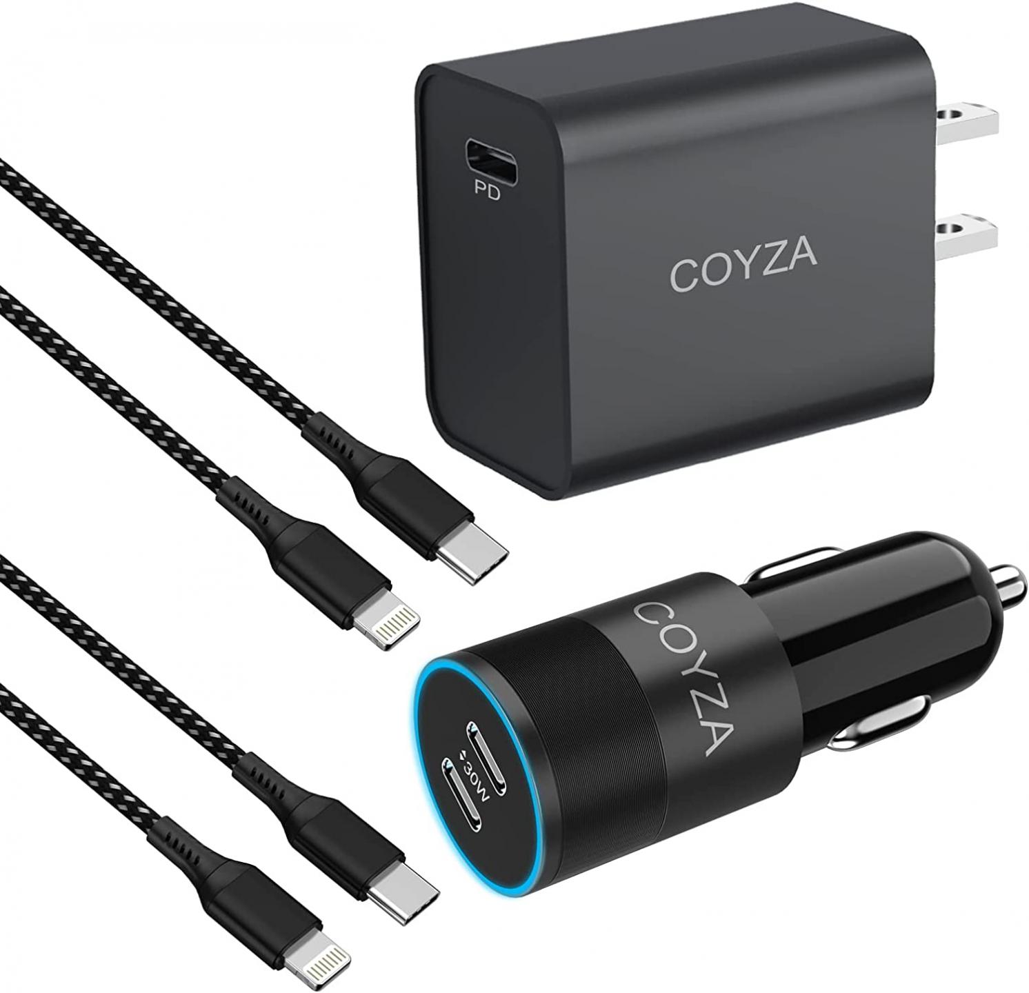 COYZA USB C Charger Combo Kit for iPhone 14 Pro Max/14/Plus/13/12/11/X/8, 30W Type C Wall Fast Charging Block/Dual PD Car Phone Adapter with 2 Pack Braided Apple MFi Certified Lightning Cord(3.3ft)