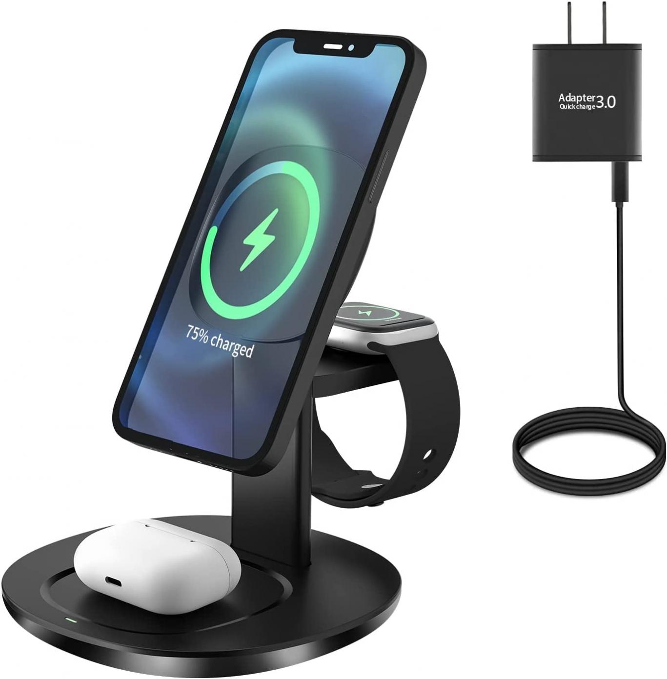 IMINDZO 3 in 1 Magnetic Charger Wireless Charging Station with QC 3.0 Adapter Compatible with iPhone 14/14plus/14pro/14promax/13/13pro/13 promax/13mini/12/12 Pro,Apple WatchSE/6/5/4/3/2, Airpods 2/Pro