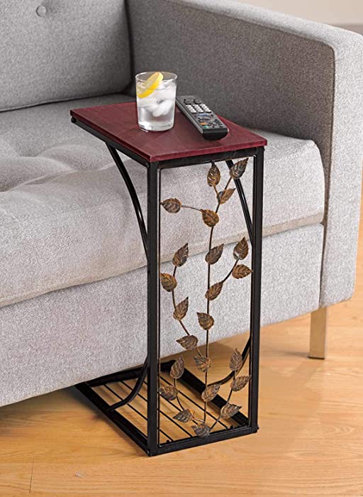 Sofa Side and End Table, Small - Metal, Dark Brown Wood Top With Leaf Design - Perfect for Your Living Room, Slides Up To Sofa / Chair / Recliner - Keep Snacks, Drinks Books & Phone At Easy Reach