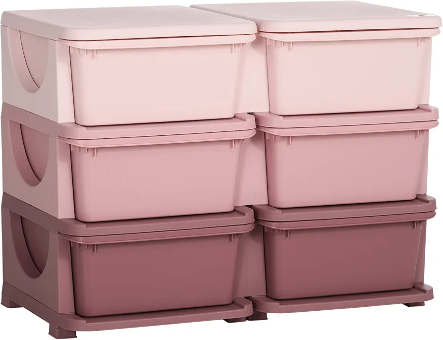 Qaba 3 Tier Kids Storage Unit, 6 Drawer Chest Toy Organizer Plastic Bins for Kids Bedroom Nursery Kindergarten Living Room for Boys Girls Toddlers, Pink