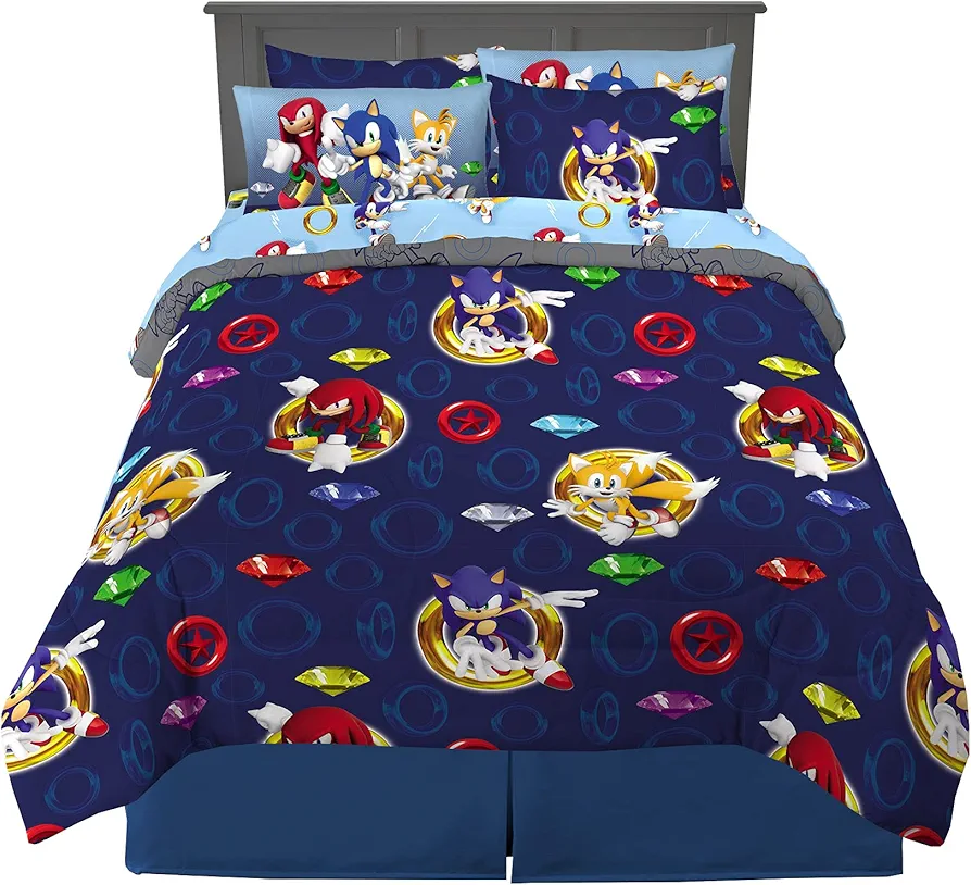 Franco Sonic The Hedgehog Anime Kids Bedding Super Soft Comforter and Sheet Set with Sham, 7 Piece Queen Size, (Official Licensed Product)