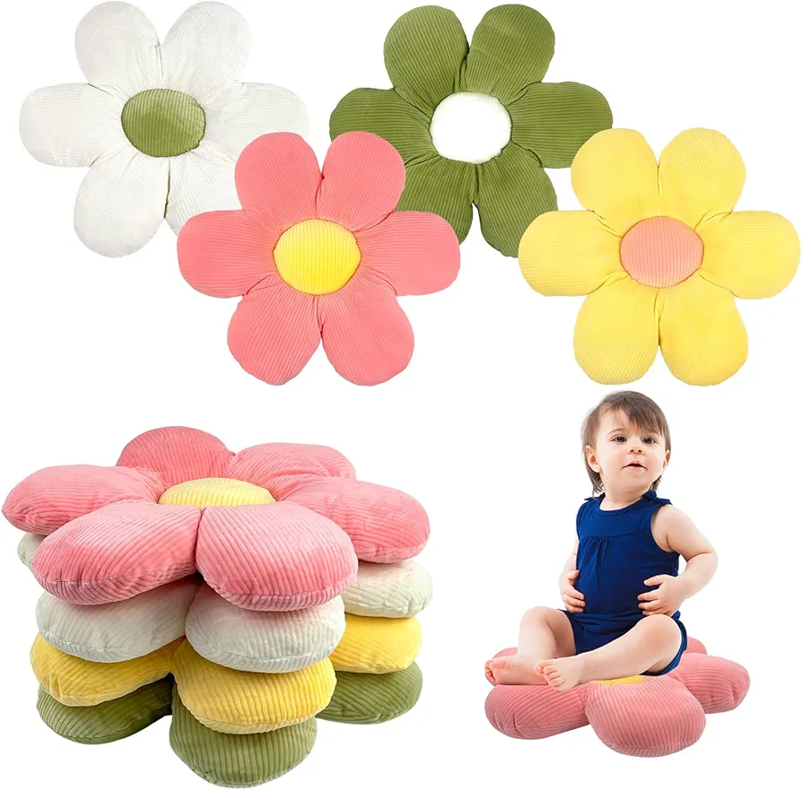 CIEOVO 4 Pcs Flower Plush Throw Pillows, 16 Inch Cute Flower Floor Pillow Daisy Shaped Floor Cushions Aesthetic Flower Seat Cushion Flower Chair Pads for Home Kids Seating Bed Bedroom Sofa Decor