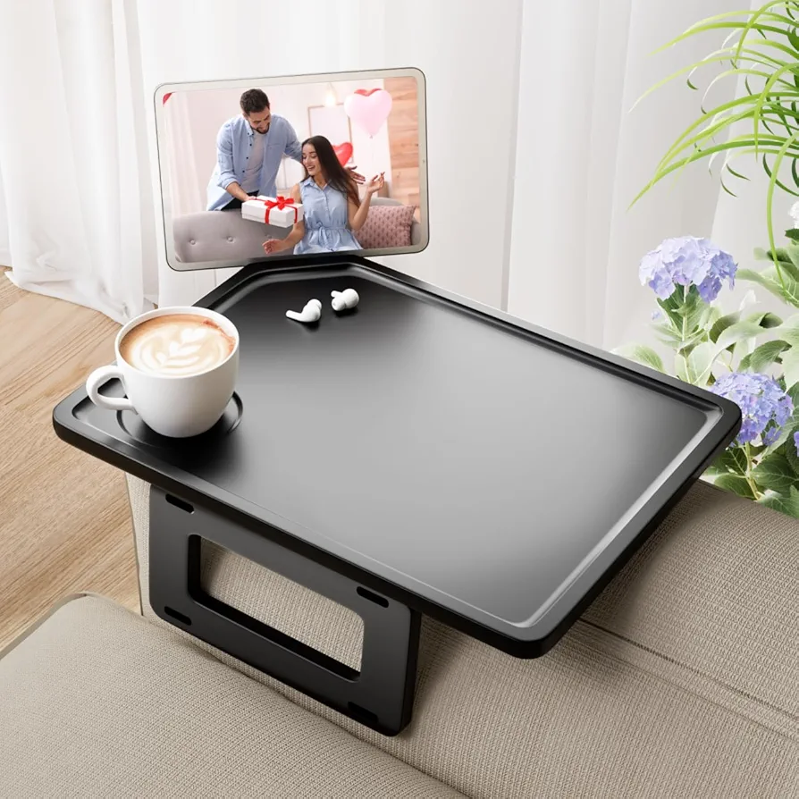 Couch Arm Tray Table Sofa Arm Clip Table,Armrest Tray Table Suitable for Home Drinks/Fast Food/Fruit Etc, Large Size Multi-Function Table Couch Arm Table Black