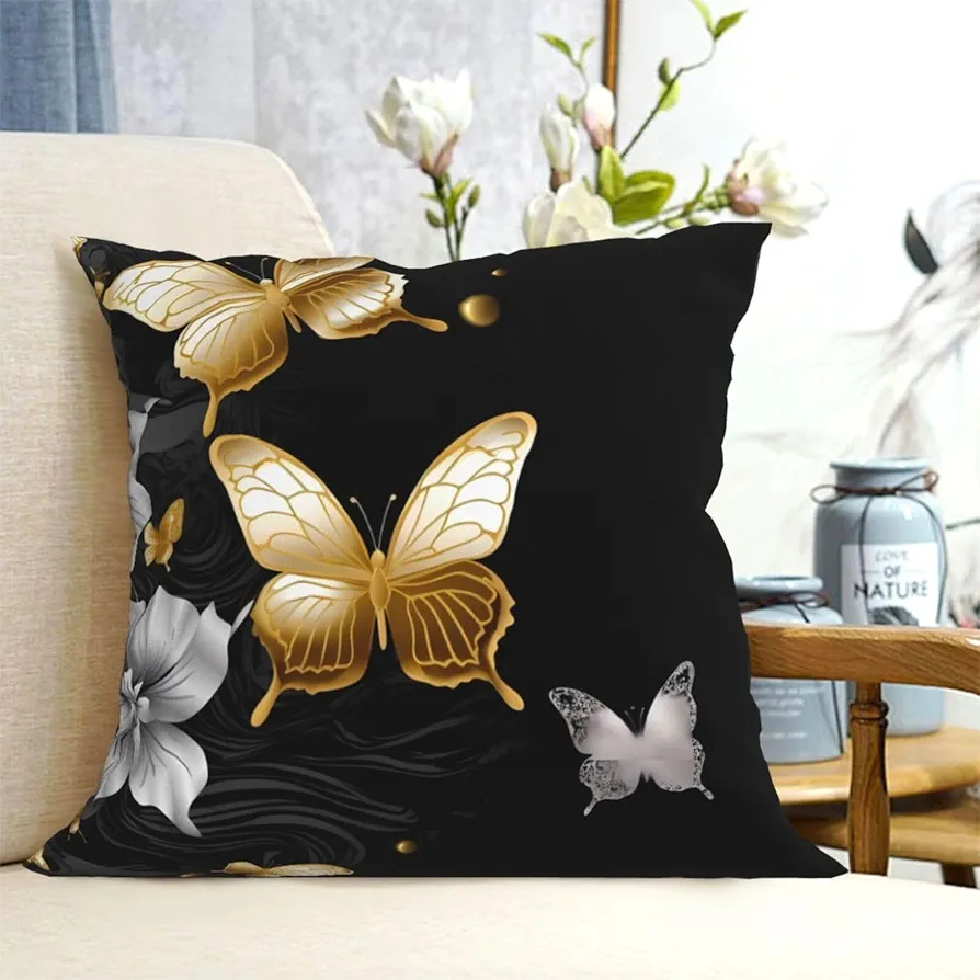 Decorative Throw Pillow Covers 18"x18" Pillow Covers for Sofa Gold White Butterflies Black Double Sided Couch Throw Pillow Cases Square Cushion Case for Living Room Cushion Cover for All season