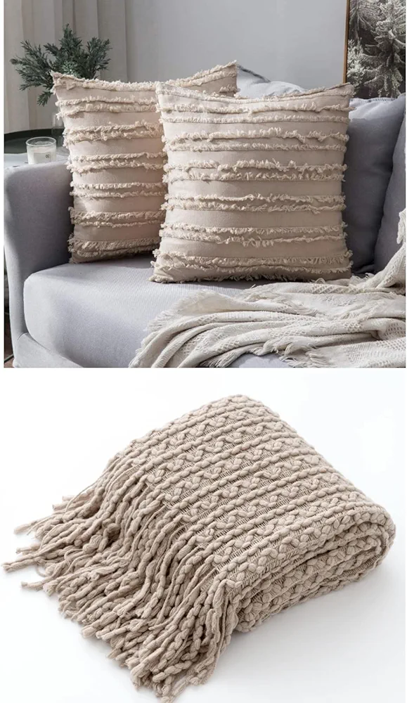 MIULEE Set of 2 Decorative Boho Throw Pillow Covers Linen Striped Jacquard Pattern Cushion Covers for Sofa Couch Living Room Bedroom 22x22 Inch Beige Bundle Knit Throw Blanket 50x60 inch