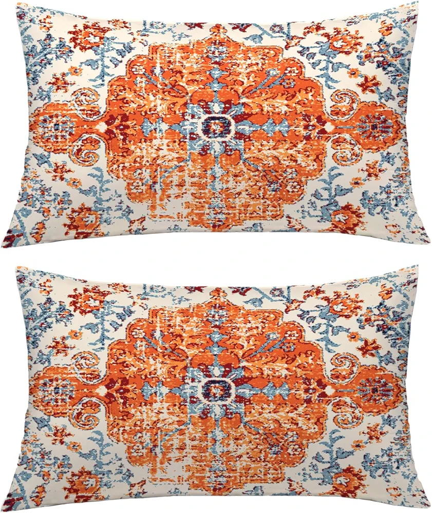 chiinvent Boho Lumbar Pillows Covers 12x20 Inch Set of 2 Bohemian Vintage Carpet Pattern Throw Pillows Orange Blue Ethnic Decorative Outdoor Cotton Linen Cushion Case for Couch Sofa Living Room