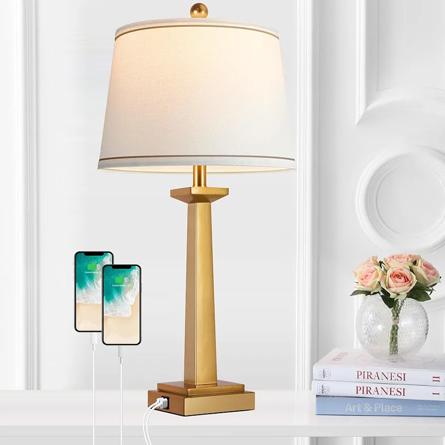 29" Gold Table Lamps with 2 USB Charging Ports, 3-Color Temperature Nightstand Modern Lamps with Rotary Switch, Resin Brass Tall Lamp for Living Room Bedroom Home Office (LED Bulb Included)