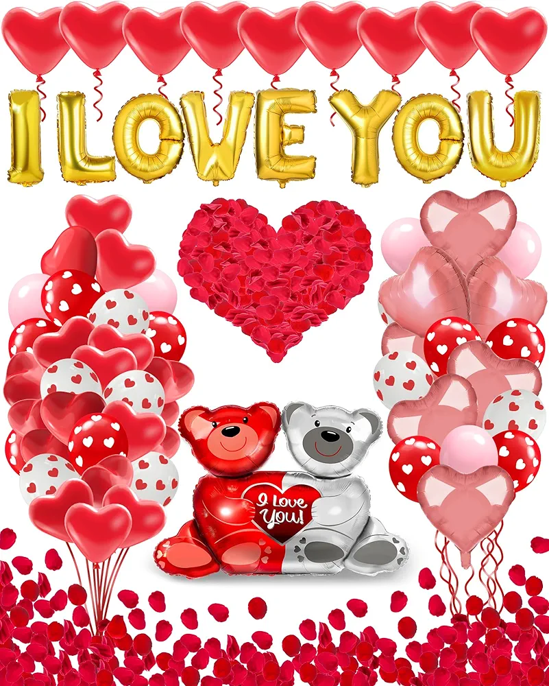 Valentines Balloon Kit Decor with I Love You Balloons, Heart Balloons with 1000 Pcs Silk Red Rose Petals for Valentines Day Decorations Romantic Proposal Wedding Anniversary Decorations