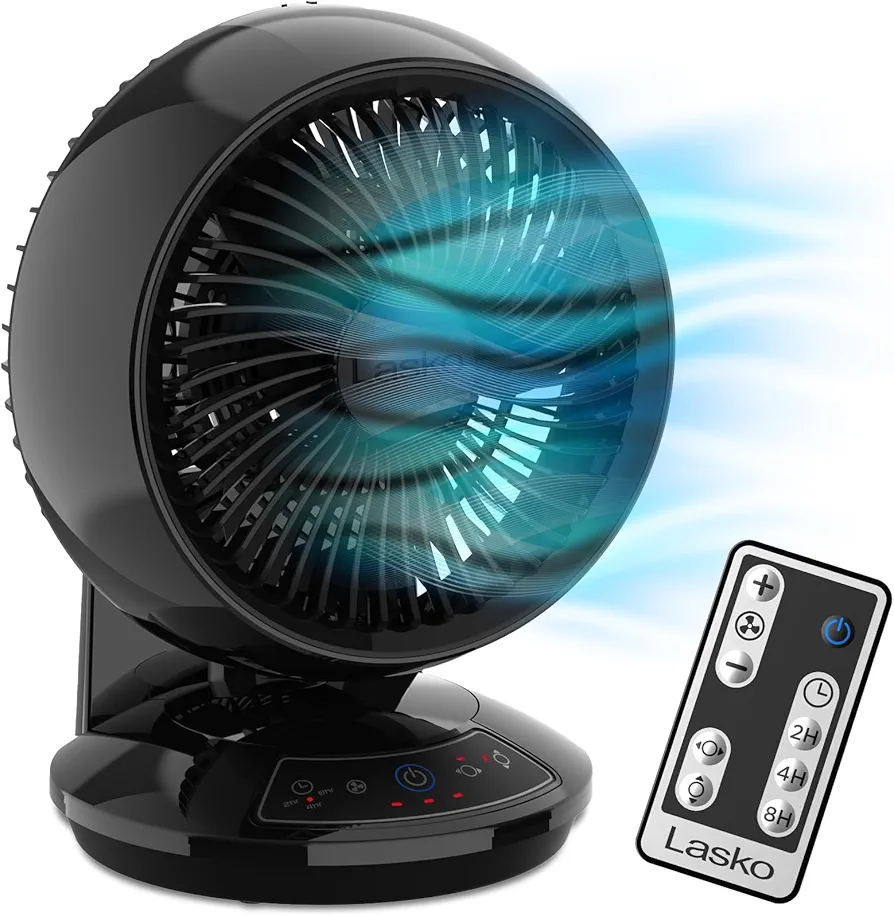 Lasko Whirlwind Orbital Motion Air Circulator Table Fan, 3 Speeds, Timer, Dark Mode, Remote Control for Small and Medium Sized Rooms, Black, A12558