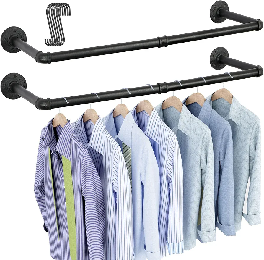 OROPY Industrial Pipe Clothes Rack Wall Mounted Set of 2, 38.4 inches Heavy Duty Iron Pipe Clothing Garment Rail, Multi-Purpose Clothing Hanging Rod for Laundry Room and Closet Storage Black