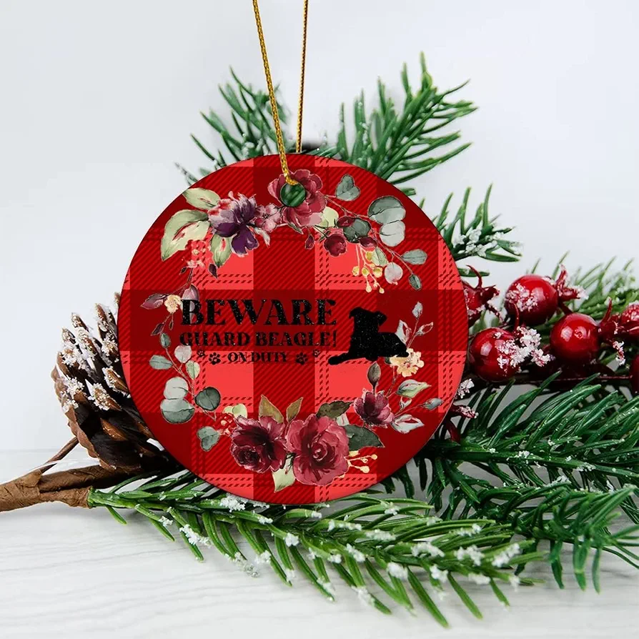 Ornaments for Christmas Beware Guard Dog on Duty Beagle Dog Breeds Dog Lovers Saying Tree Hanging Accents New Home Ornament Ceramic Keepsake Funny Christmas Decor for Living Room.