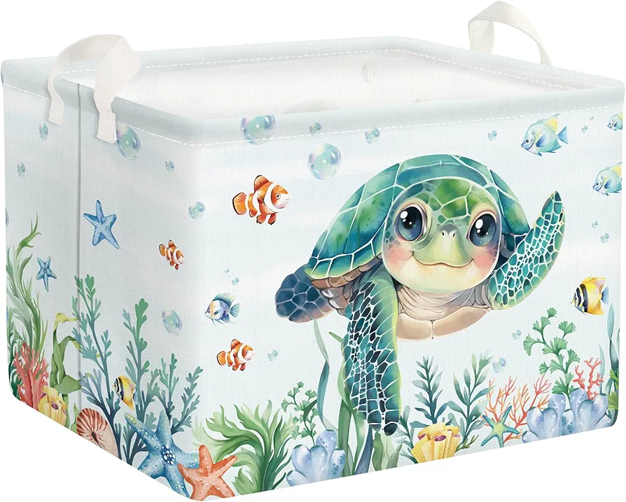 Clastyle 36L Fish Sea Turtle Baby Basket Ocean Coral Seaweed Starfish Toy Book Shelf Basket Waterproof Pool Toy Beach Towel Storage Bin Large Rectangle Collapsible Dirty Clothes Basket