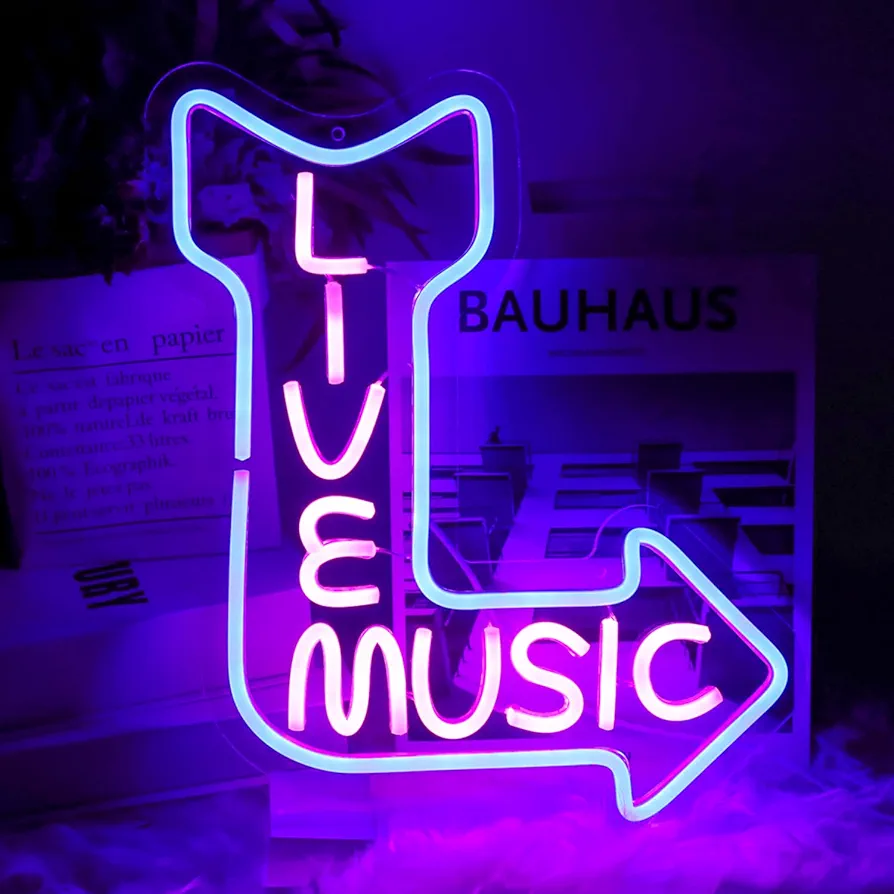 Live Music Neon Signs for Wall Decor Music LED Word Light Sign Pink Neon Light Blue Neon Light Up Letters Sign for Bedroom Music Studio Rec Room Game Party Decor