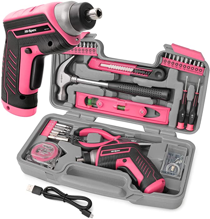 Hi-Spec 35pc Pink 3.6V USB Electric Power Screwdriver & Hand Tool Kit. Complete Home Cordless Set