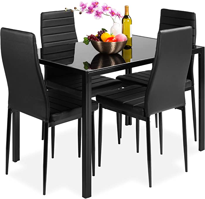 Best Choice Products 5-Piece Kitchen Dining Table Set for Dining Room, Kitchen, Dinette, Compact Space w/Glass Tabletop, 4 Faux Leather Metal Frame Chairs - Black