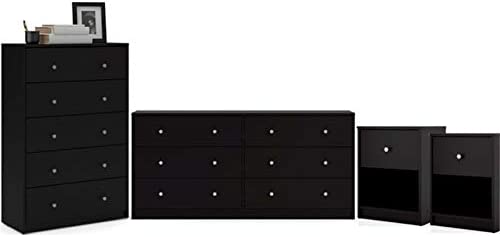 Home Square 4 Piece Bedroom Set with 6-Drawer Double Dresser, 5-Drawer Chest and Two of 1-Drawer Nightstand in Black