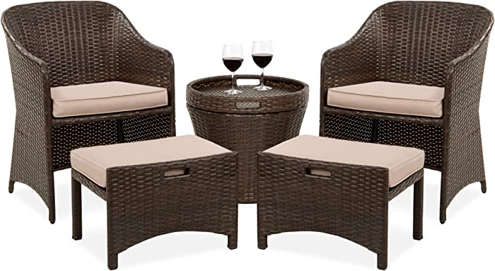 Best Choice Products 5-Piece Outdoor Patio Furniture Set, No Assembly Required Wicker Conversation Bistro & Storage Table for Backyard, Porch, Balcony w/Space-Saving Design - Brown/Beige