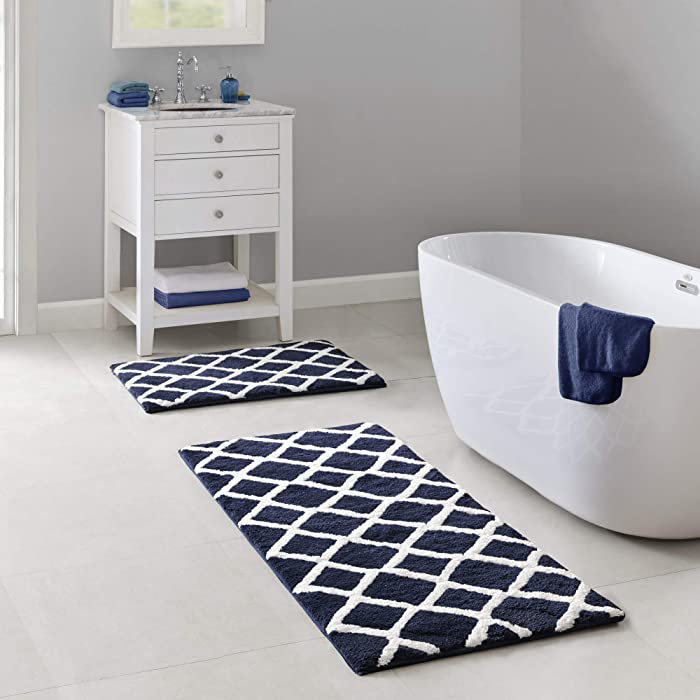 Madison Park Bittman Reversible Bathroom Rug - High Pile Luxrurious Tufted Plush Bath Mat Absorbent, Quick Dry, Geometric Design Shower Room Décor, 24x60, Navy