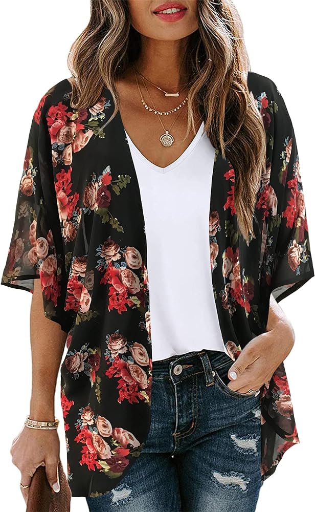 Women's Floral Print Puff Sleeve Kimono Cardigan Loose Cover Up Casual Blouse Tops