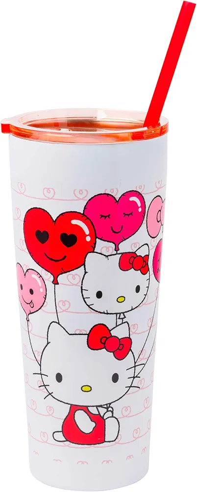 Silver Buffalo Hello Kitty Heart Balloons Double Walled Stainless Steel Tumbler with Straw, 22 Ounces