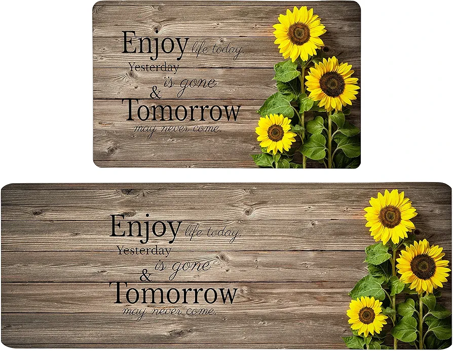 Yellow Sunflower Kitchen Rugs Farmhouse Kitchen Mats for Floor 2 Piece Anti Fatigue Kitchen Mat Set Thick Memory Foam Cushioned Kitchen Rug Set for Sink Laundry Room, 17.3x28+17.3x47 inch