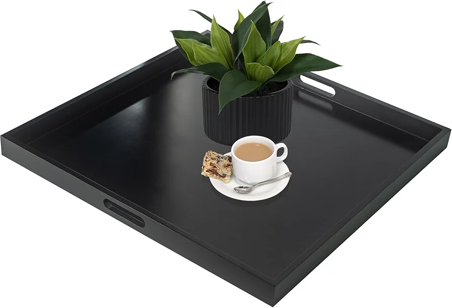 Square Large Ottoman Tray, 24" Square Wood Serving Tray with Handle, Modern Extra Large Black Serving Decorative Trays for Living Room Coffee Table Home